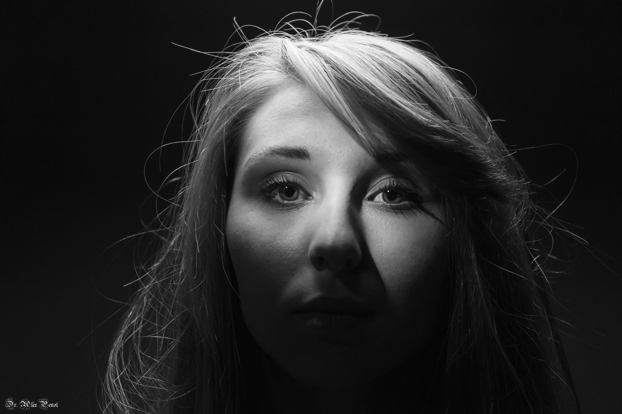 Portrait clair-obscur, regard frontal